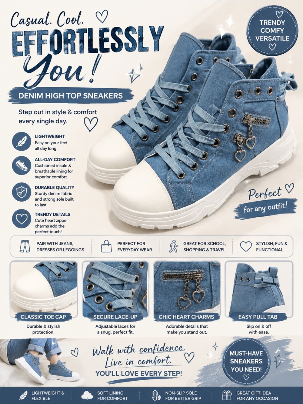 Denim High Top Sneakers for Women - Light Blue
